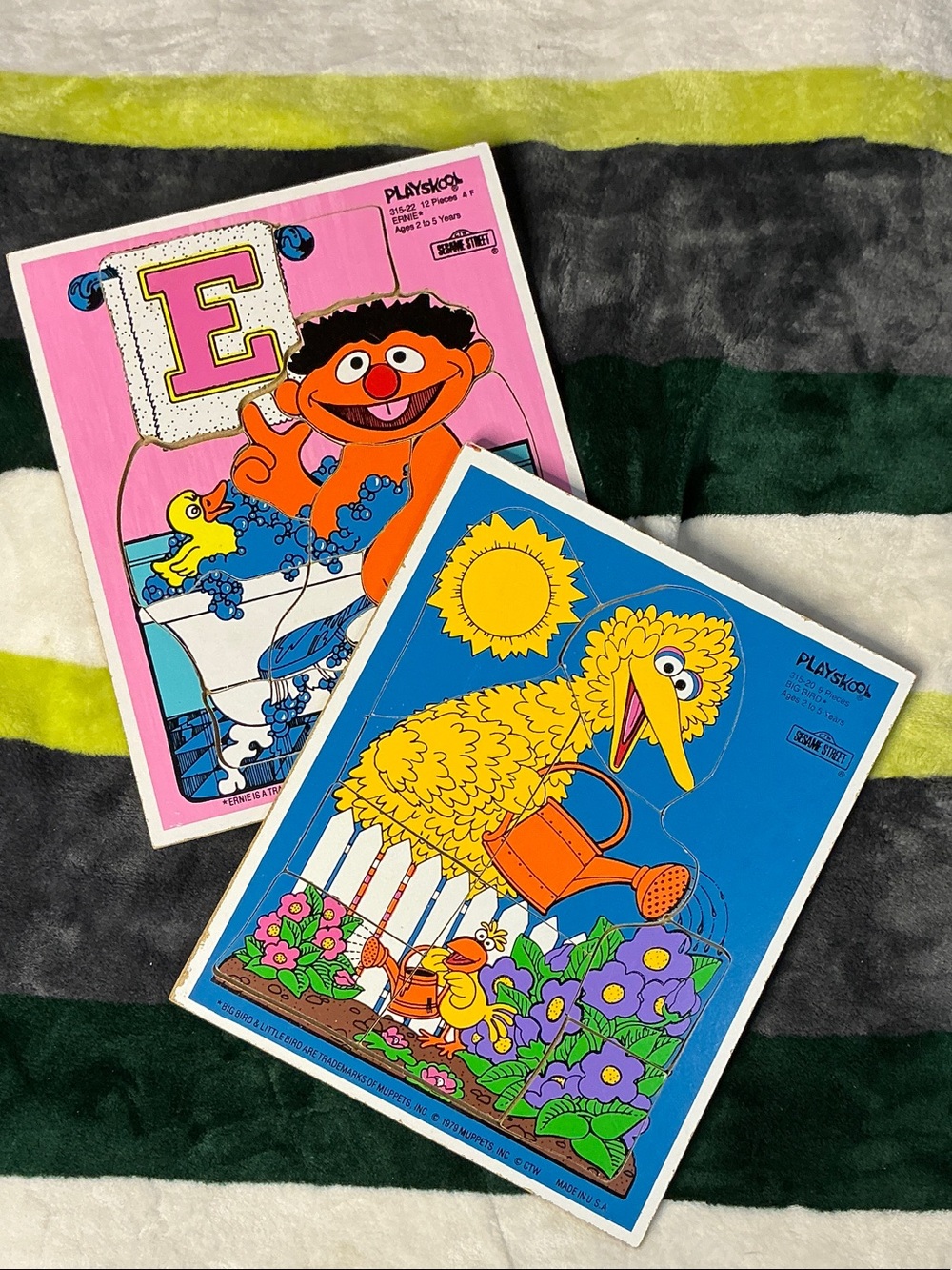 Vintage Playskool Sesame Street Puzzle - Big Bird Blue & Ernie Pink Wood Puzzles